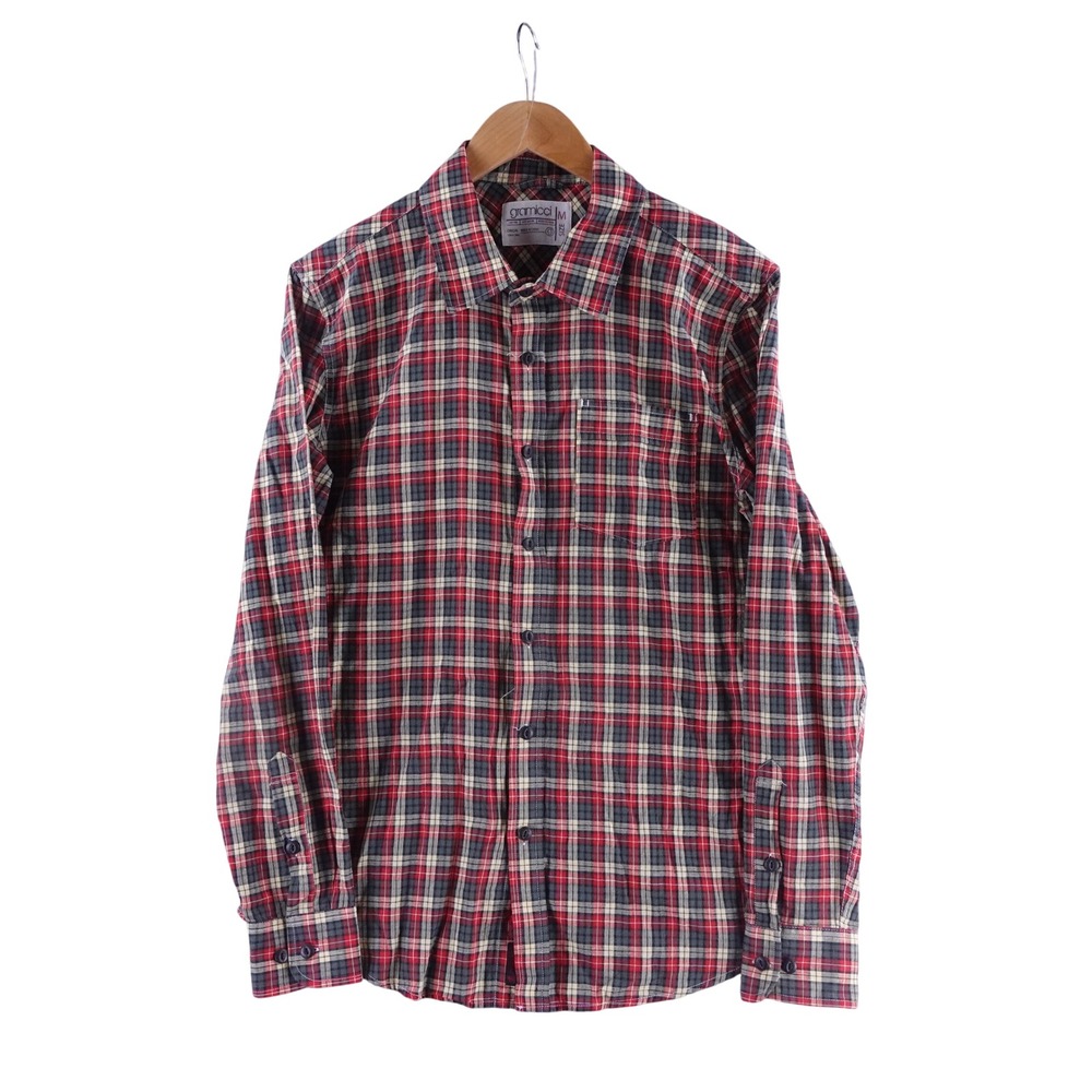 Gramicci Mens Size Medium Red Gray Plaid Cotton Long Sleeve Button Down Shirt